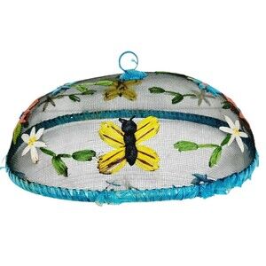 Vintage 60s Domed Embroidered Flowers & Butterflies Mesh Raffia Oval Food Cover